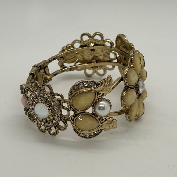 Gold-Tone Hinged Bracelet Vintage Inspired Rhinestones, Faux Pearl Floral Design - Picture 7 of 12